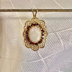 Vintage 10K Gold Opal and Garnet Birthstone Pendant, Birthstone Jewelry